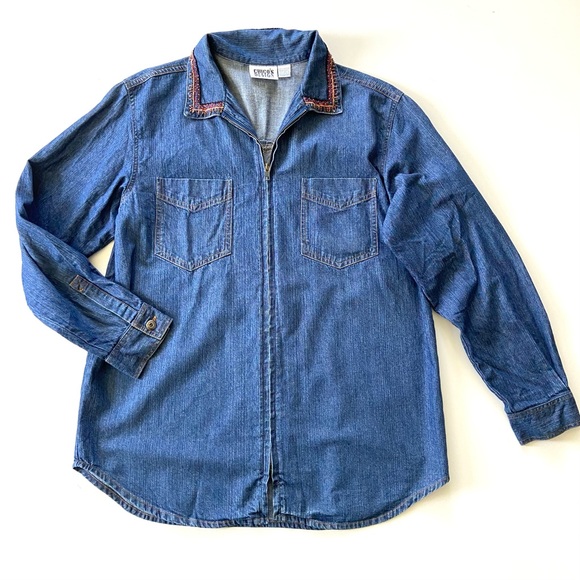 Vintage Chico’s Design Embellished Beaded Camel Cotton Zip Denim Shirt Jacket - Picture 2 of 10